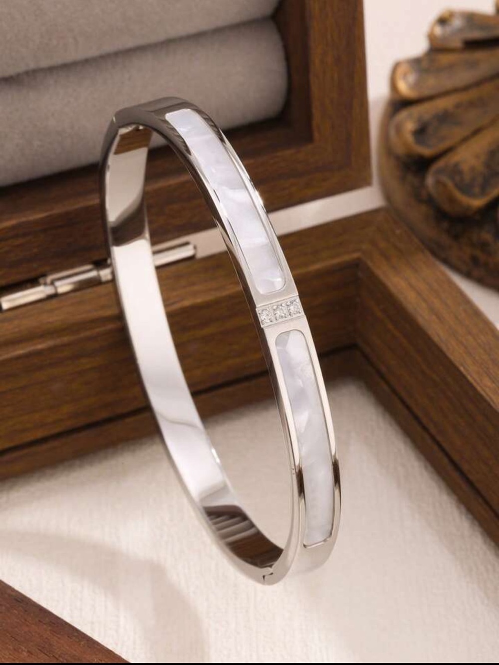NIP stainless steel Silver Mother-of-Pearl Inlay Bangle Bracelet